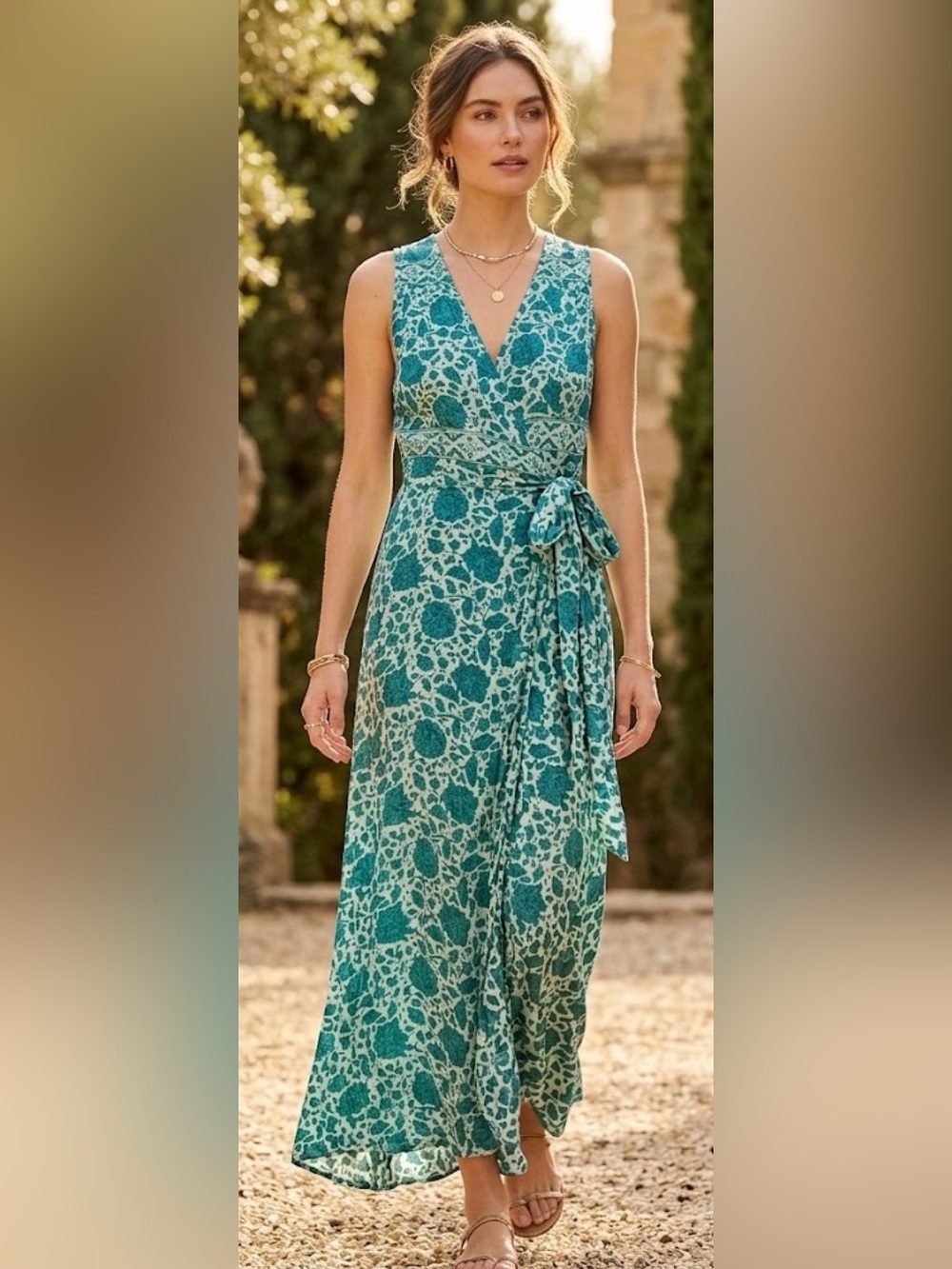 Natalie Martin Silk Floral Wrap Maxi Dress XS Teal Green Sleeveless Resortwear